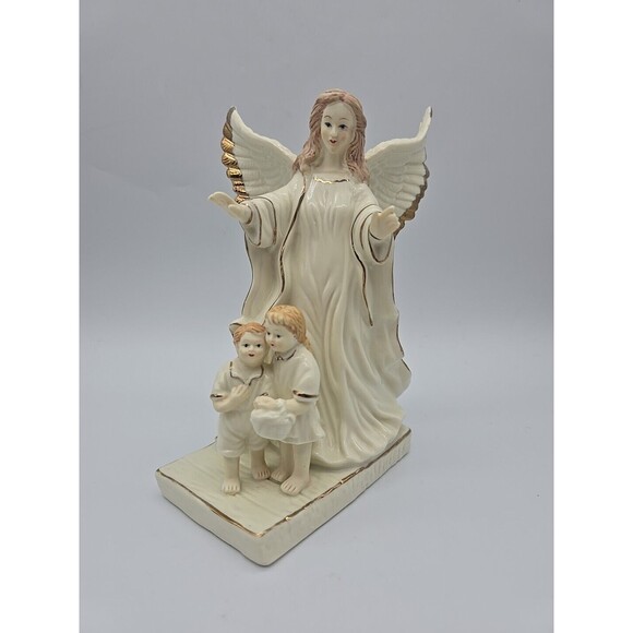 Wallace White Porcelain Guardian Angel Figurine Protecting Children Gold Trim - Picture 1 of 12